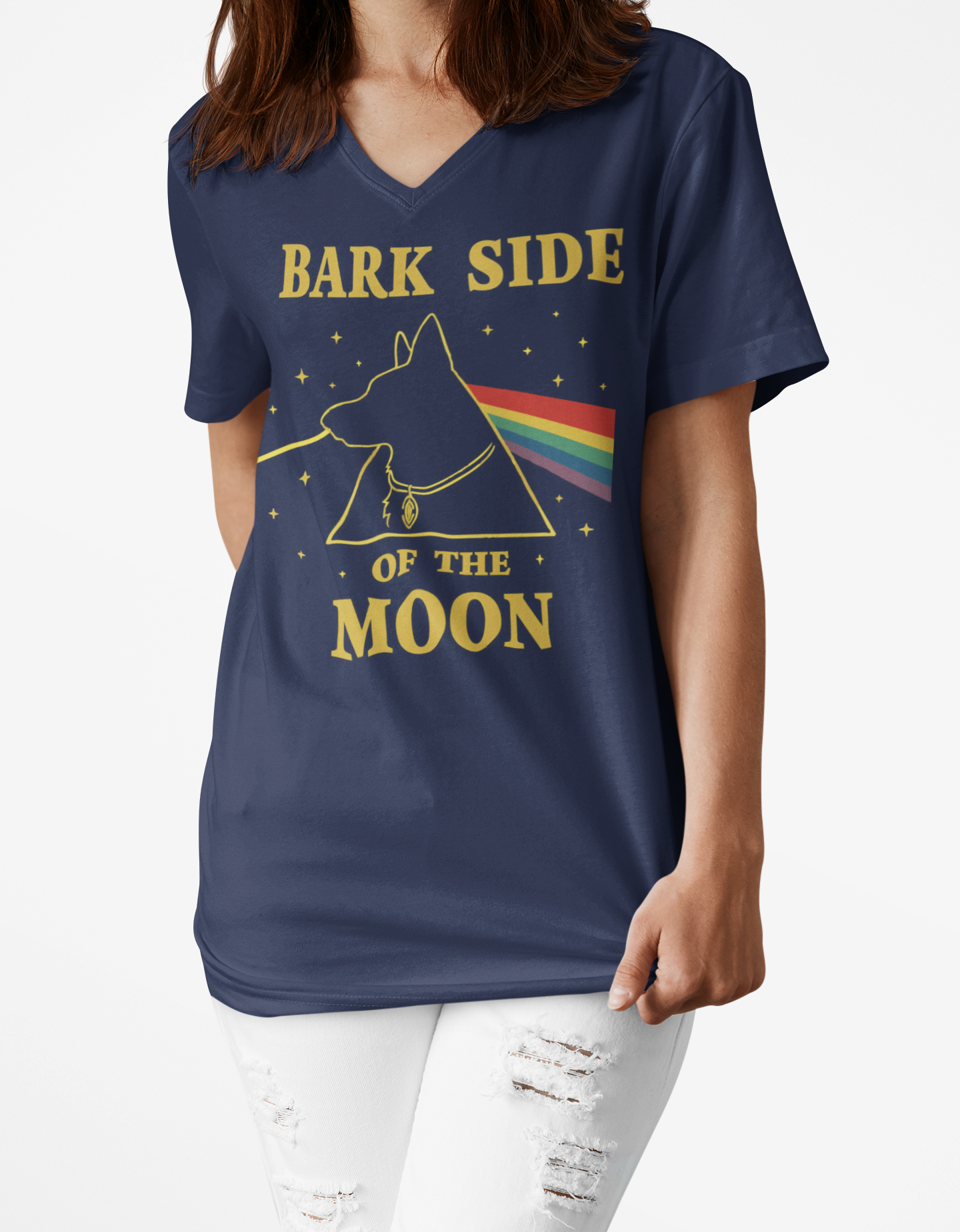 🌈 Bark Side of the Moon – Retro GSD V-Neck Tee