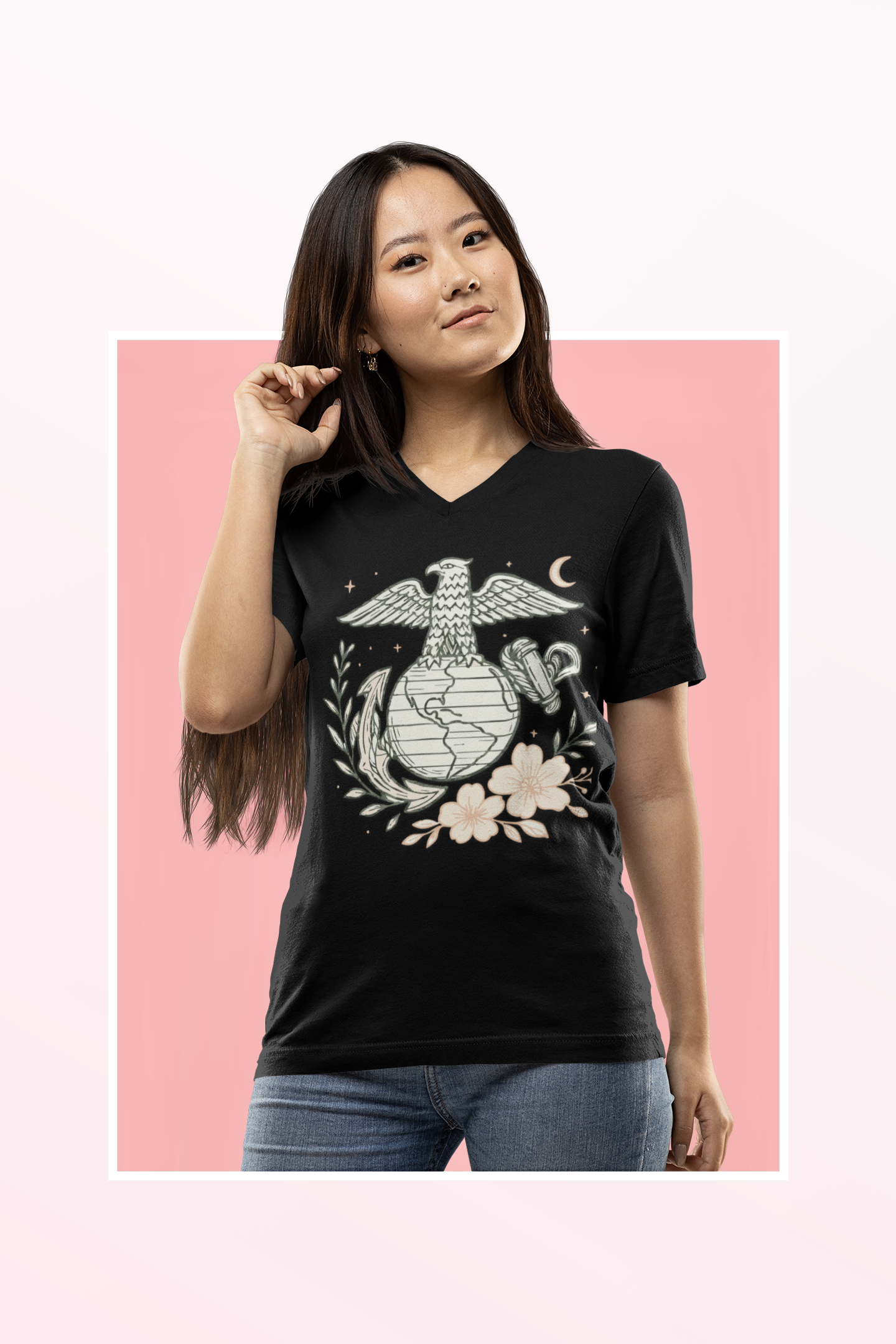 🌸 USMC Floral Emblem V-Neck Tee – Grace & Grit United