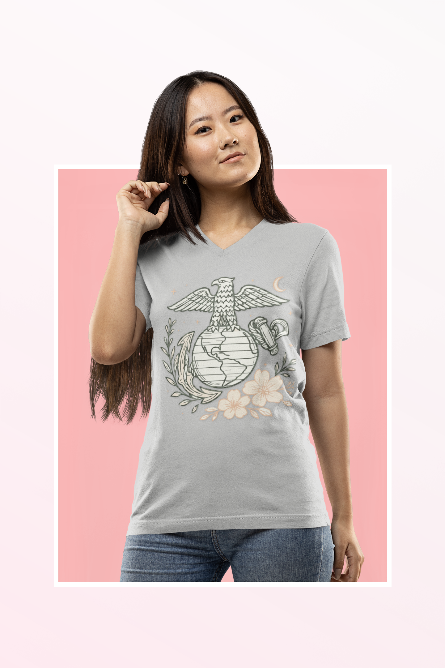 🌸 USMC Floral Emblem V-Neck Tee – Grace & Grit United