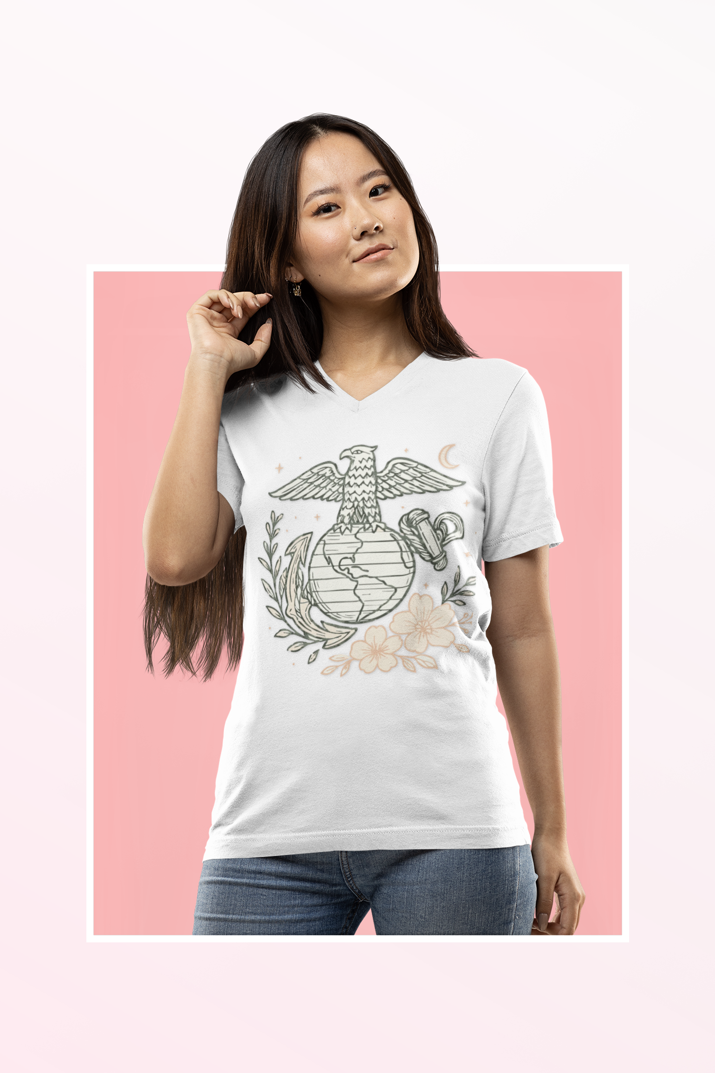 🌸 USMC Floral Emblem V-Neck Tee – Grace & Grit United