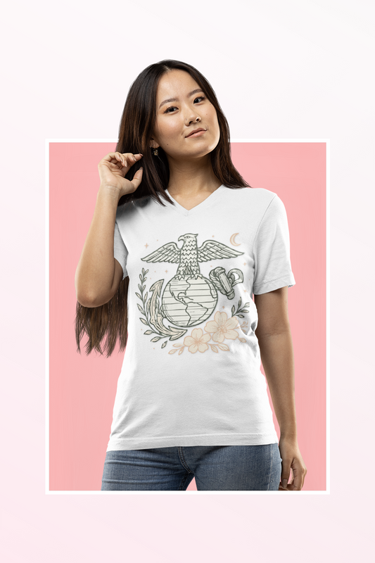 🌸 USMC Floral Emblem V-Neck Tee – Grace & Grit United